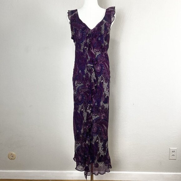 Lena‎ Medoyeff Maxi Dress 100% Silk Purple Paisley V-Neck Ruffle Layered Size 6 - Picture 1 of 11